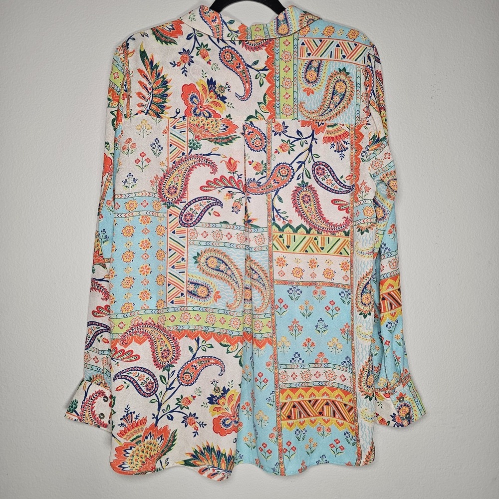 Rose and Olive Top Womens Large Blue Orange Mixed Paisley‎ Button Up Flowy Shirt - Picture 2 of 6